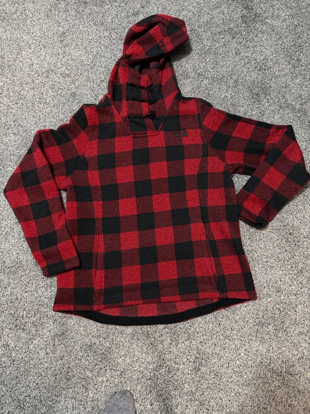 The North Face Red and Black Buffalo Plaid Hooded Pullover